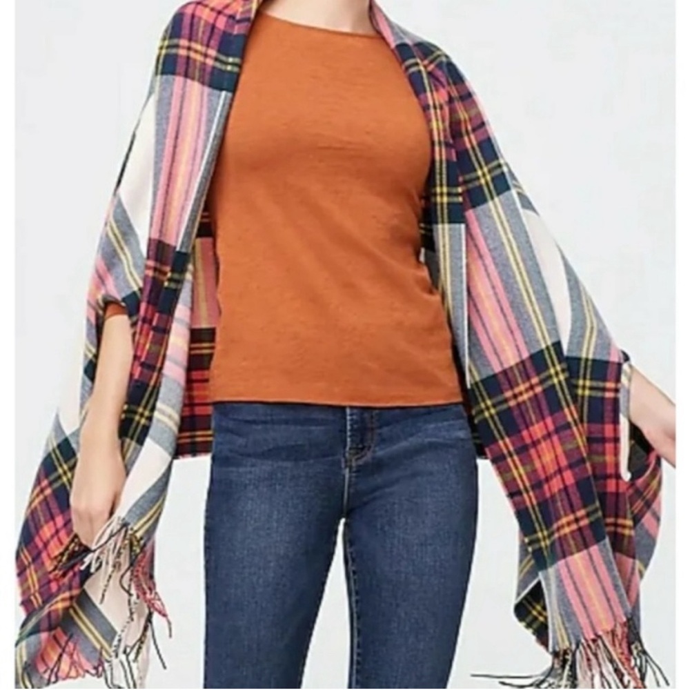 JCrew Plaid Cape Scarf Wrap with fringe. Like new Super comfy Love the arm holes